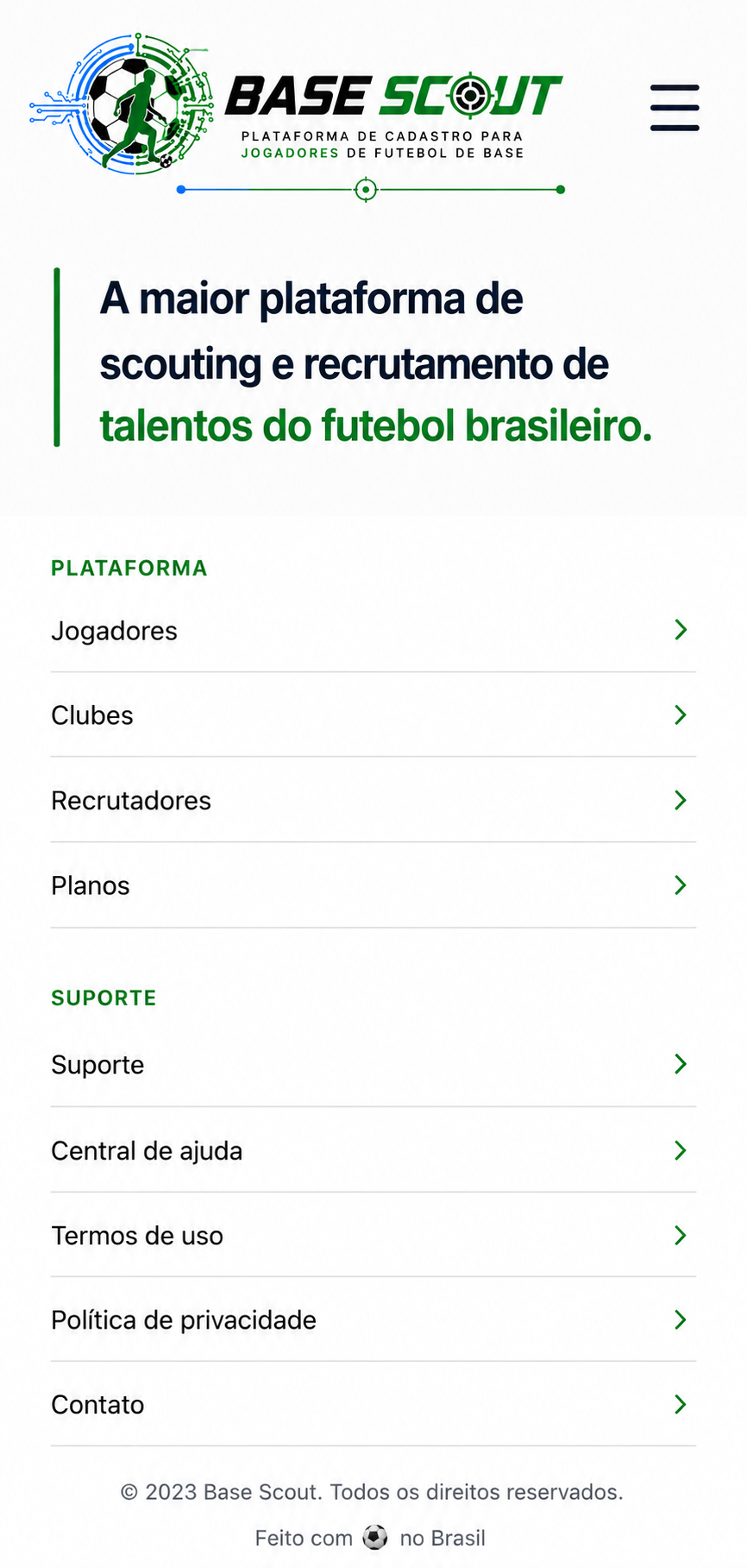 Menu de navegação Base Scout — Plataforma e Suporte